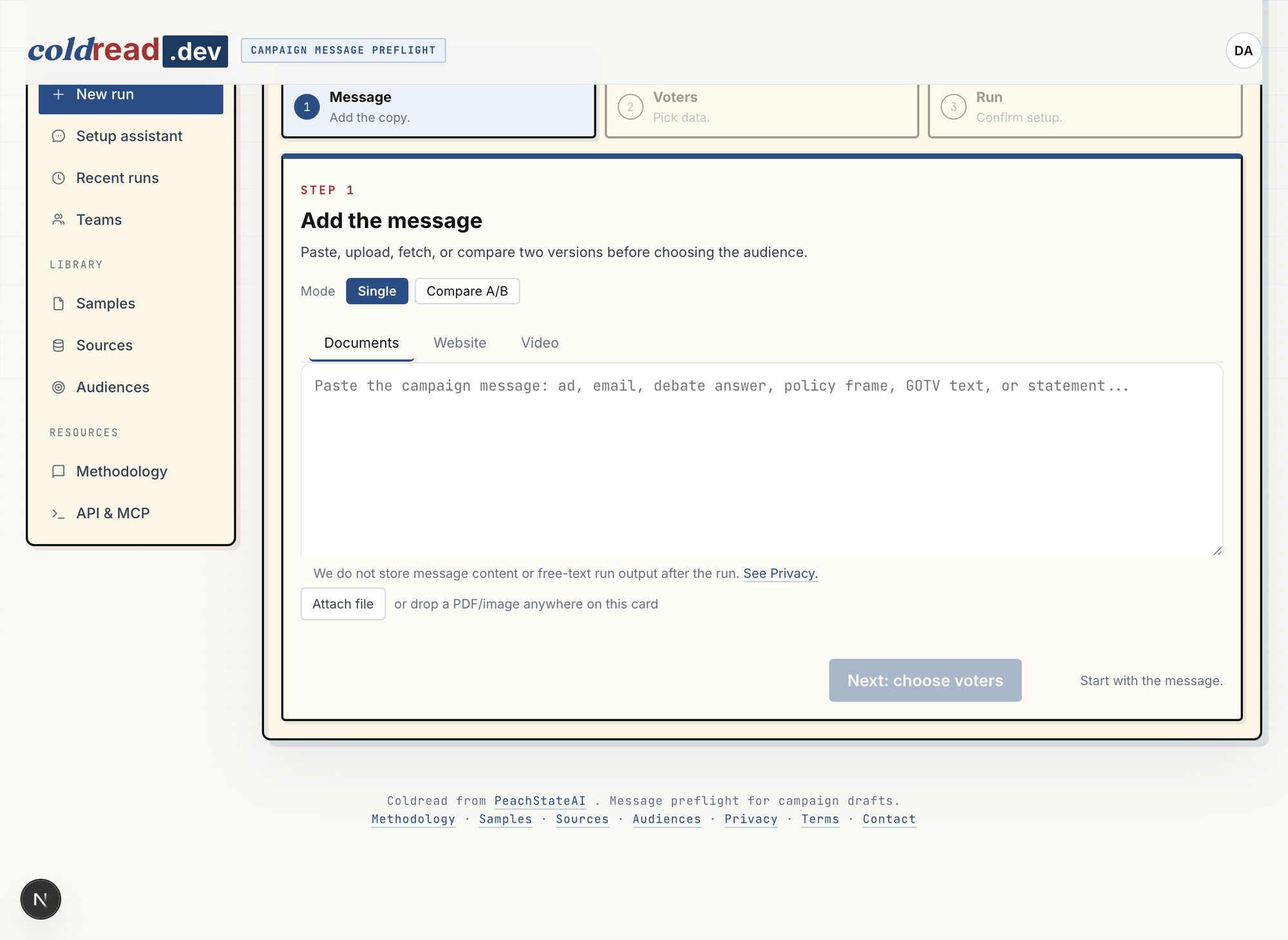 Coldread signed-in workspace with the message composer open