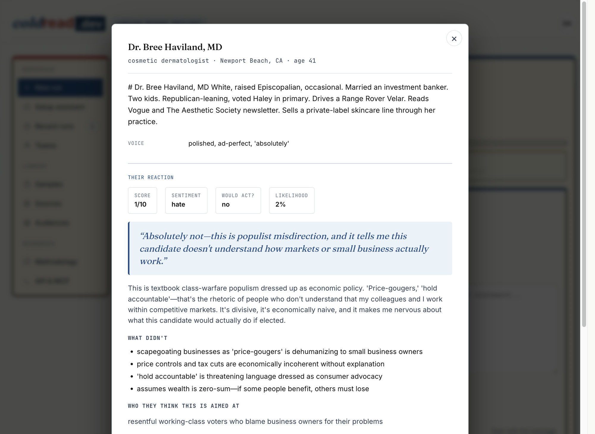Coldread single voter reaction detail with score, quote, and objections